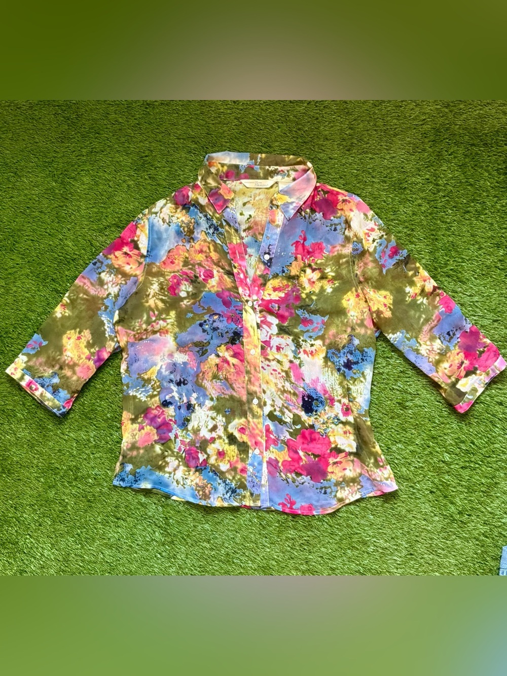 Vintage Penmans Sheer Floral Button-Up Blouse Multicolor 3/4 Sleeve XL